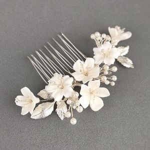 Handmade Floral Silver & White Bridal Hair Comb/Hairpiece with Pearl & Crystal